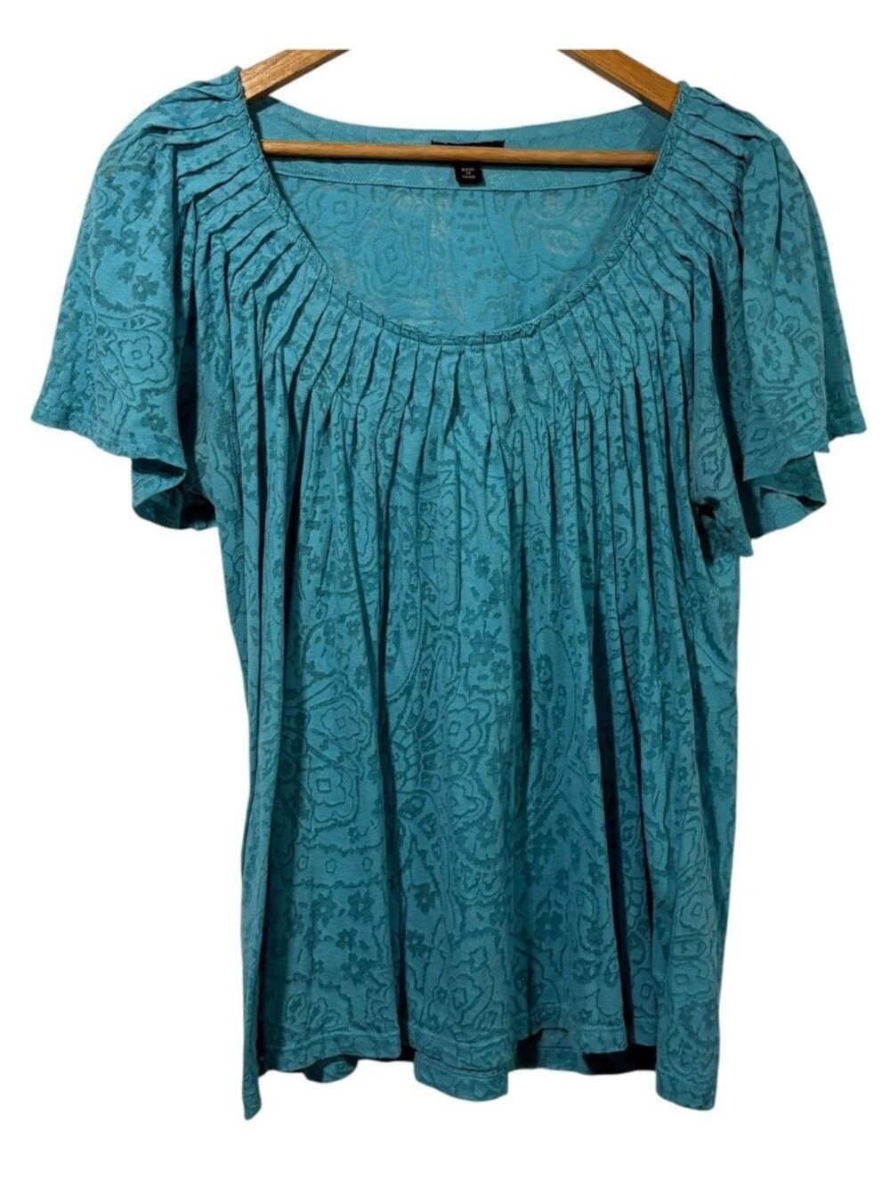 Cha Cha Vente Womens Teal Blue Floral Burnout T-Shirt Pleated Front Sz XL